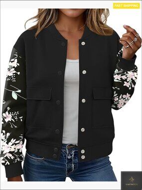 Cropped Bomber Jacket Casual Button Down Varsity Style with Pockets Long Sleeve